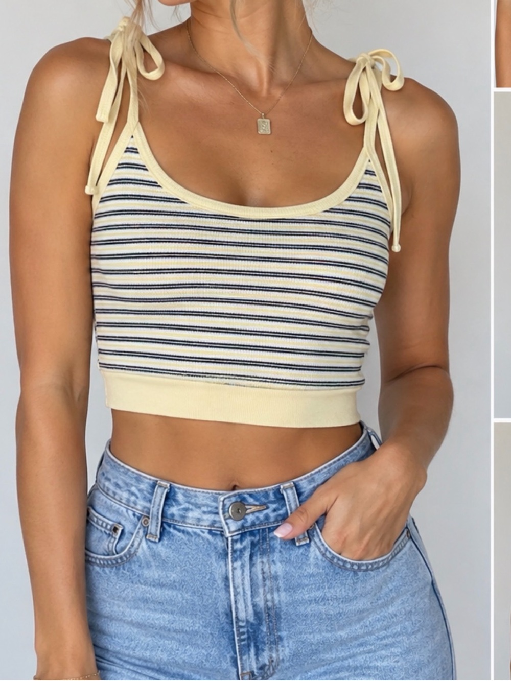 Truly Madly Deeply Yellow Striped Tie-Shoulder Cropped Tank Women’s Size Small